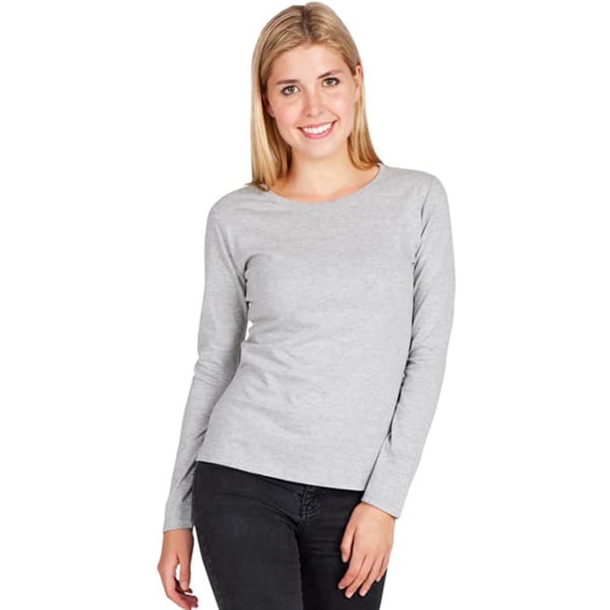 A grey women's long sleeve T-shirt with a round neckline, worn by a smiling model. Features a logo on the shirt.