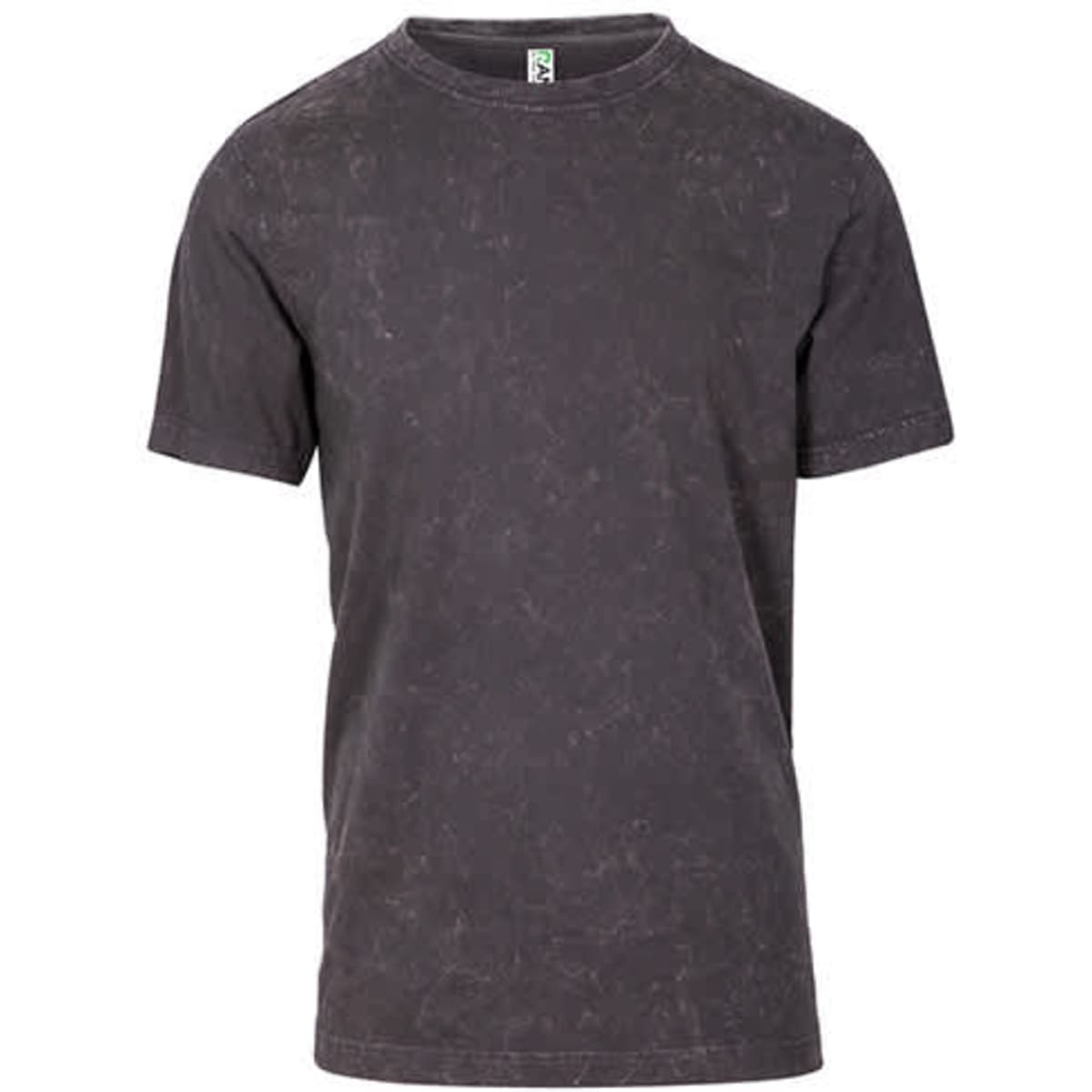 A stone wash black unisex T-shirt with a crew neck and short sleeves, featuring a logo.