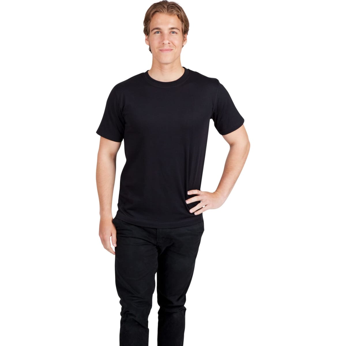 A black modern fit unisex t-shirt displayed on a male model standing with one hand on his hip.