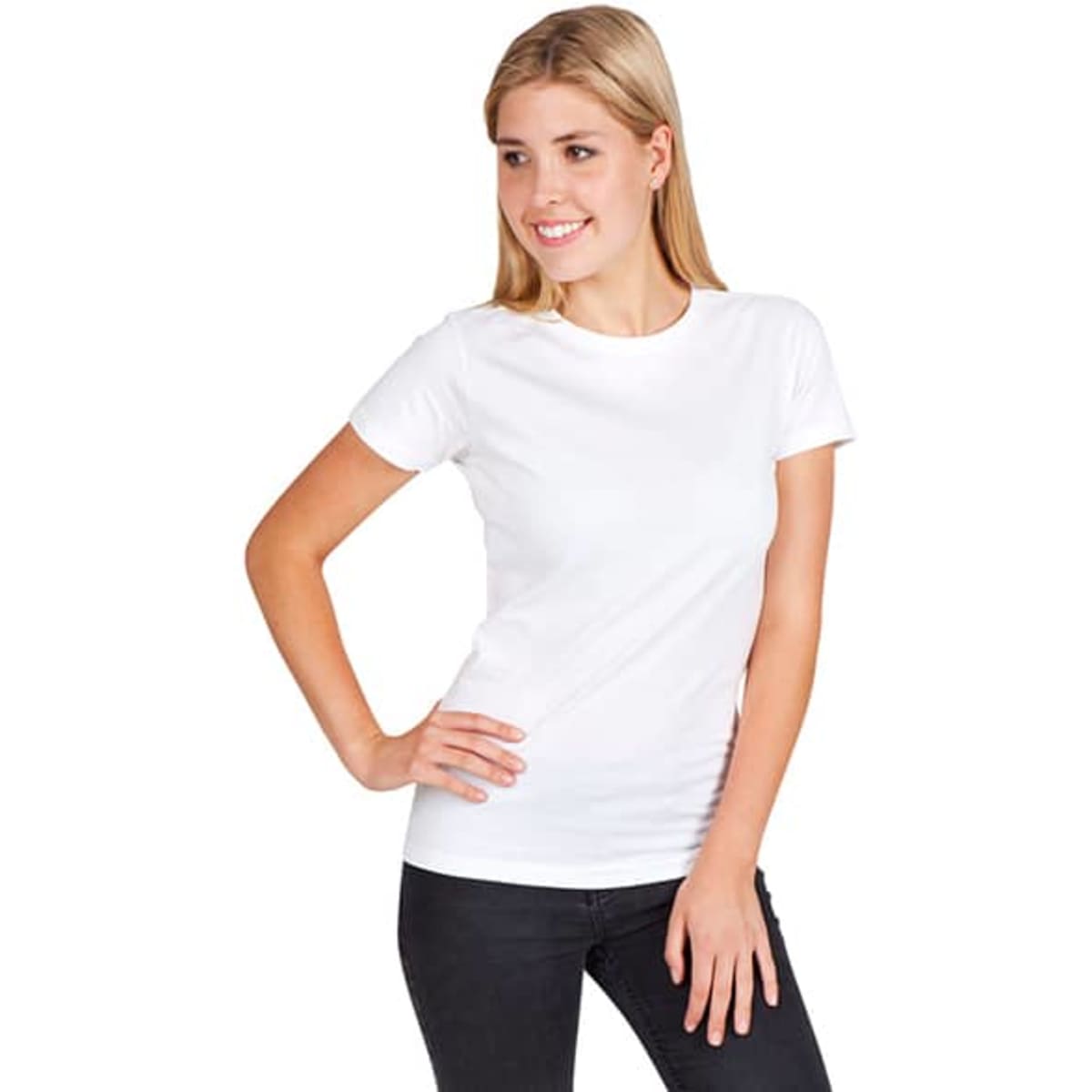 A white women's modern fit T-shirt displayed on a model, featuring short sleeves and a fitted silhouette.
