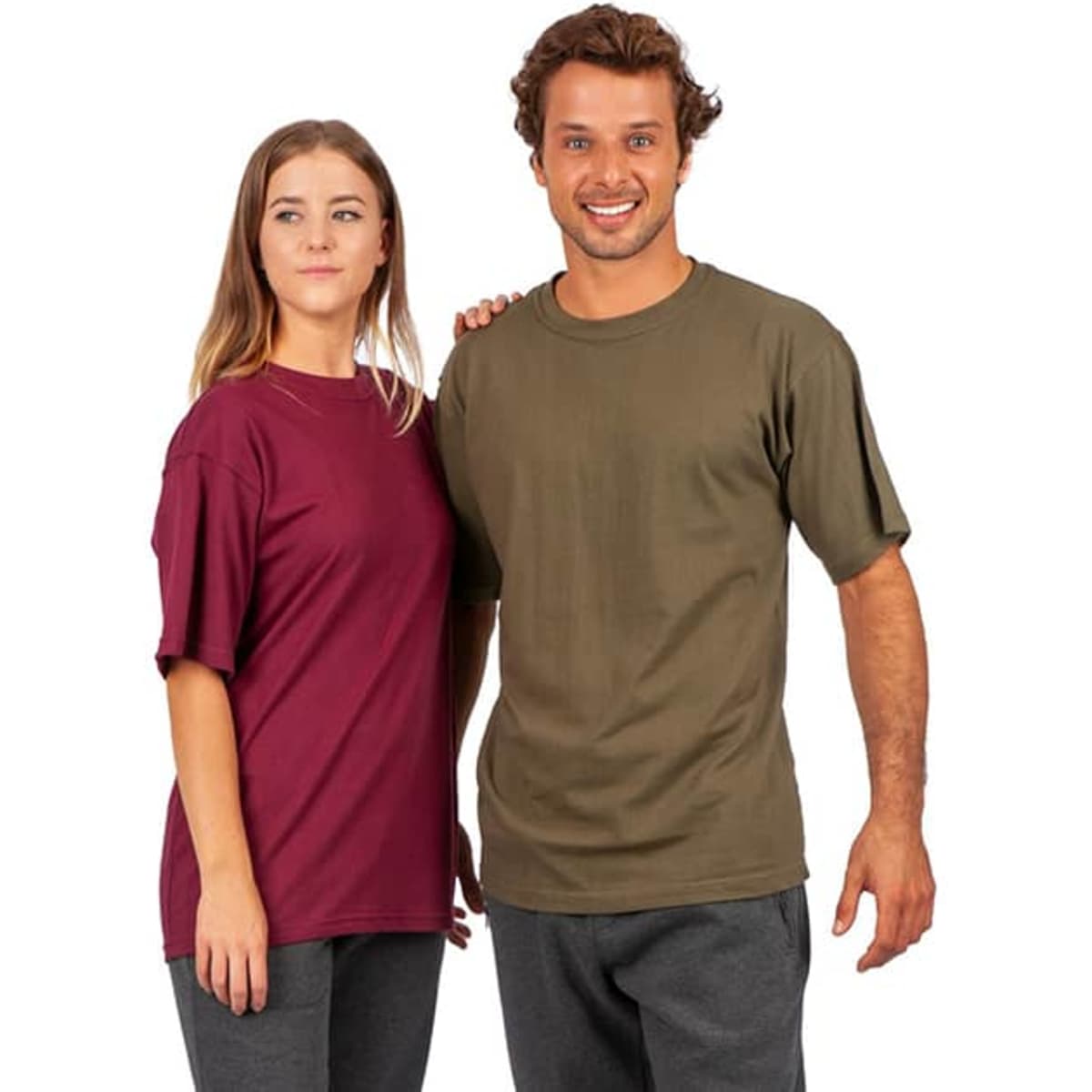 A unisex T-shirt in olive green worn by a man and a burgundy T-shirt worn by a woman, both with a logo.