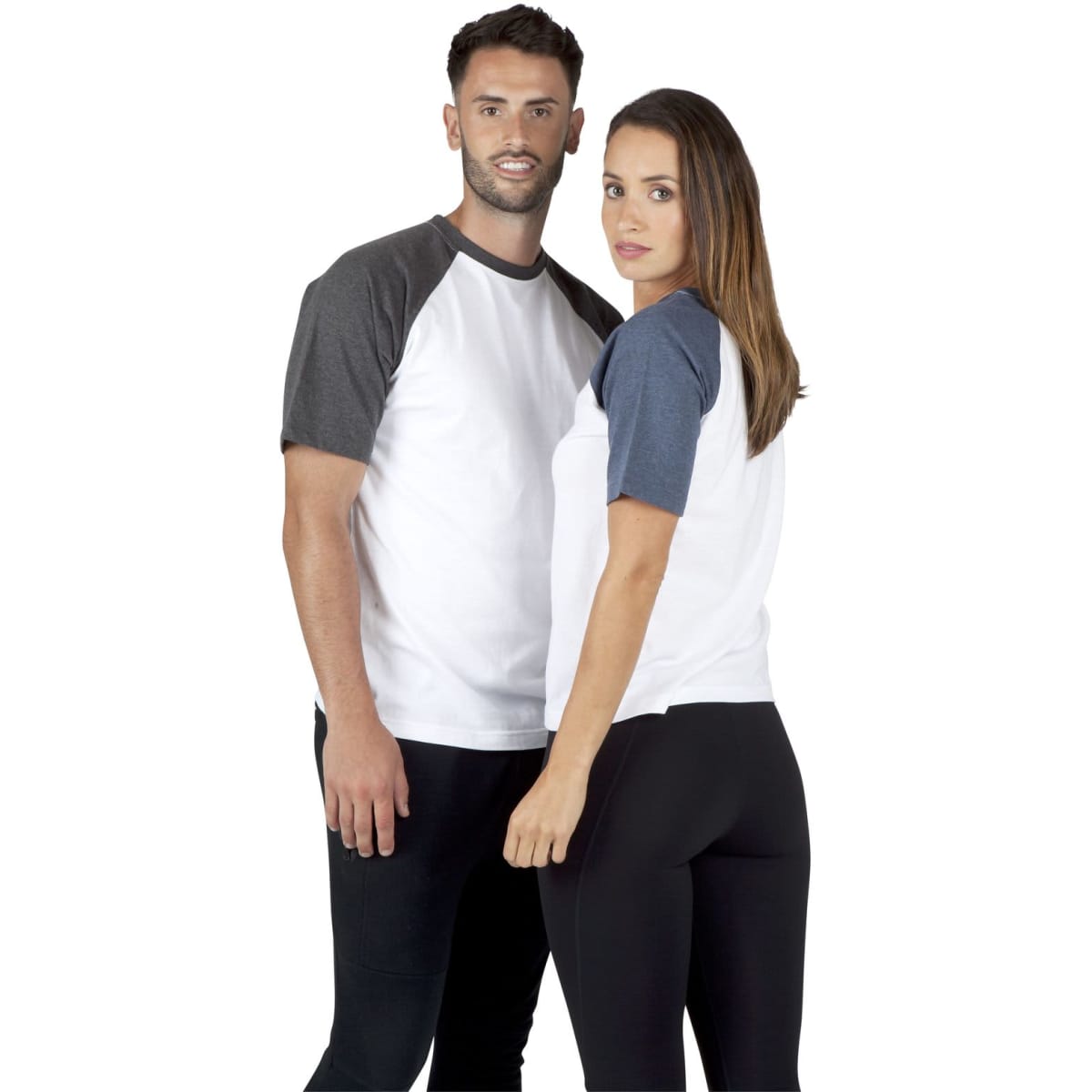 A men's/unisex raglan sleeve tee in white with grey and navy sleeves, featuring a logo.