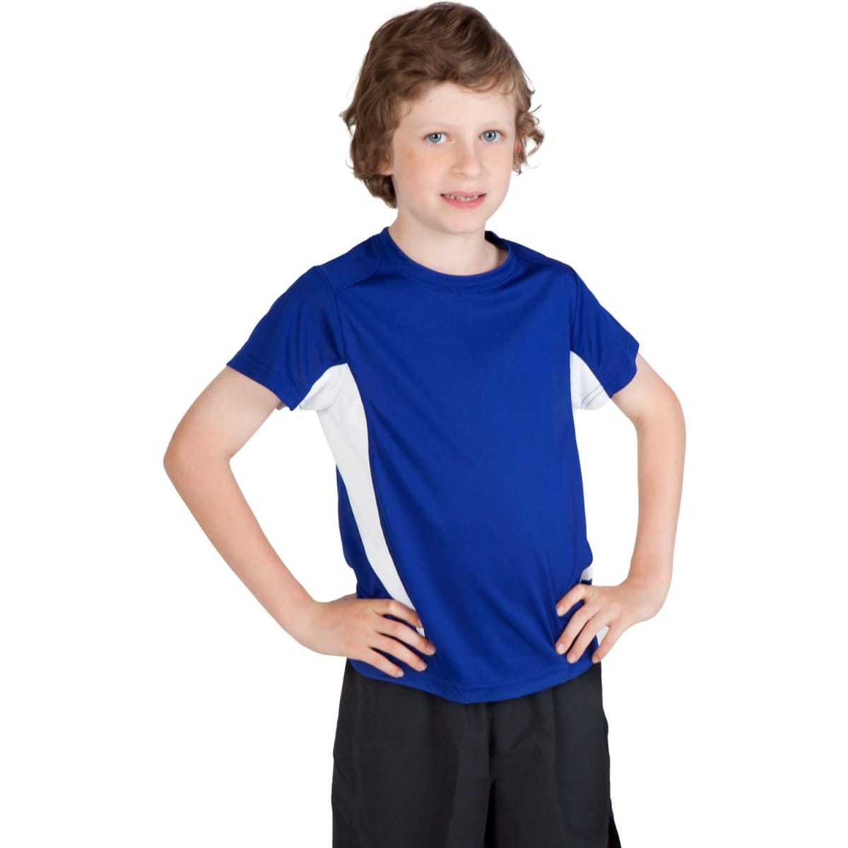 A blue and white Kids Accelerator Cool-Dry T-shirt displayed on a child, paired with black shorts. The shirt features a logo.