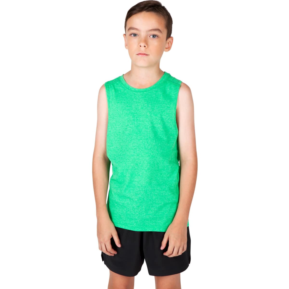 A green sleeveless tank top for kids, featuring a simple design and a logo. Paired with black shorts.