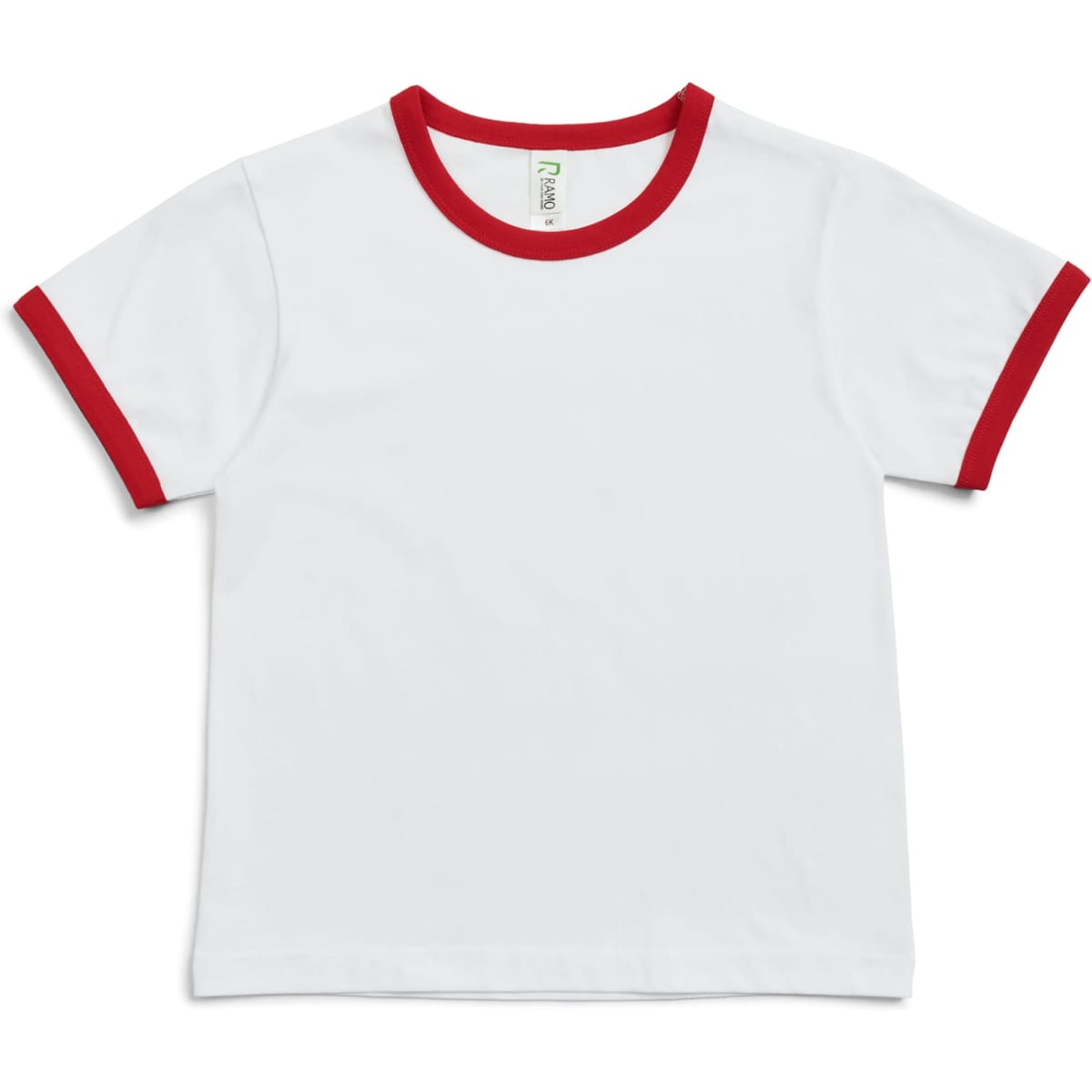 A white kids' t-shirt with red ringer sleeves and collar, featuring a logo on the label.