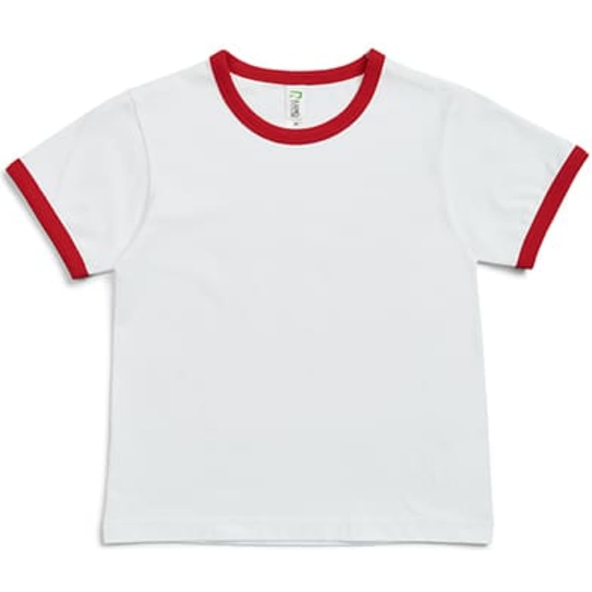 A white kids' ringer tee with red trim along the collar and sleeves. It features a logo on the label.