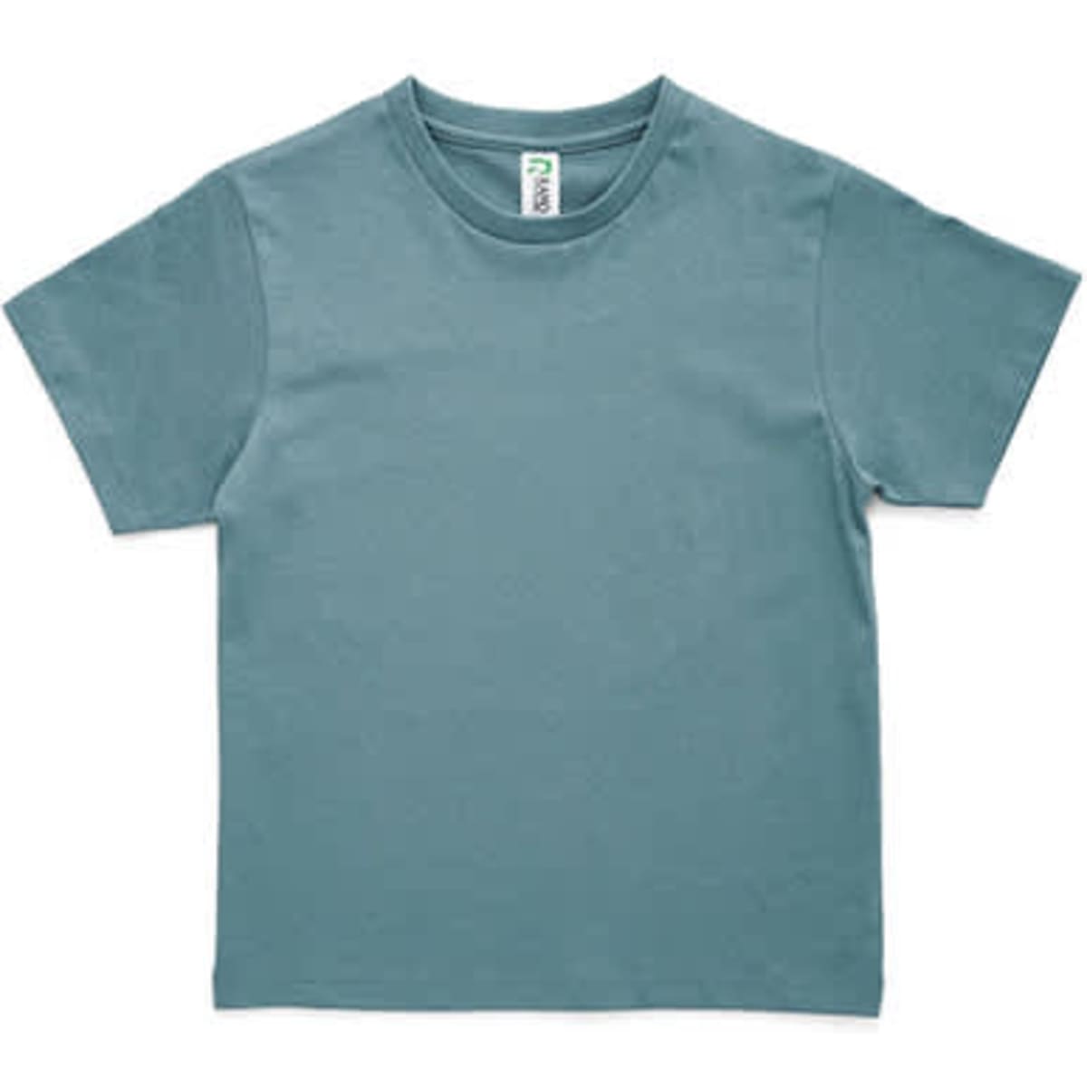 A teal kids' T-shirt with short sleeves, featuring a simple design and a label inside.
