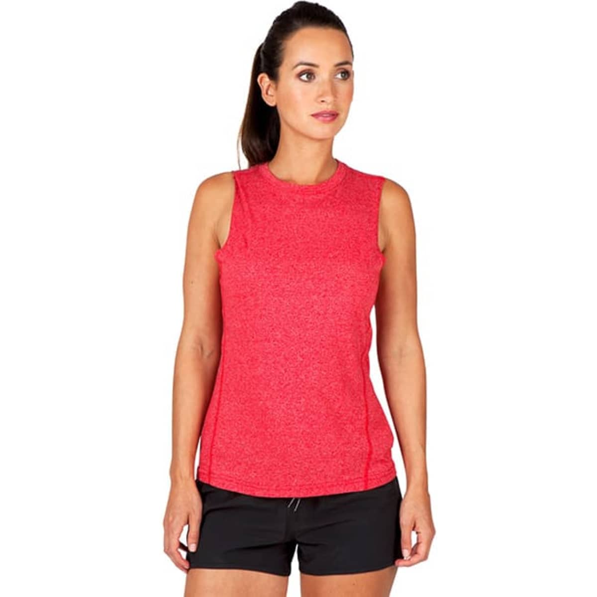 A sleeveless women's tee in heather red, featuring a sporty design and a fitted silhouette. It has a logo.