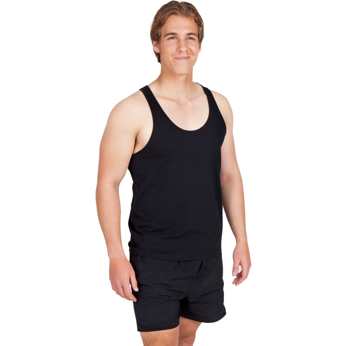 A grey men's T-back singlet is displayed on a male model alongside a female model in activewear.