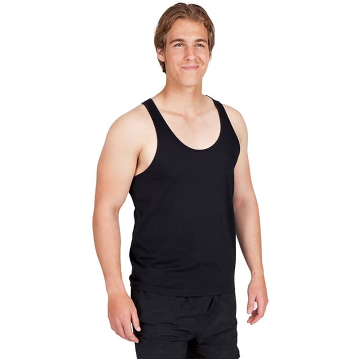 A black men's T-back singlet displayed on a model, featuring a plain design and a fitted style.