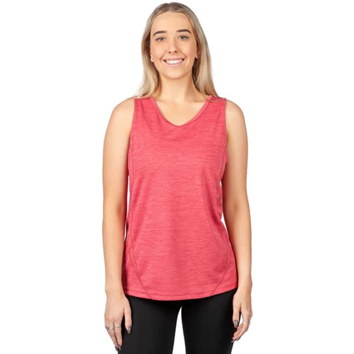 A red women's singlet made of 100% polyester, featuring a casual sleeveless design and a logo.