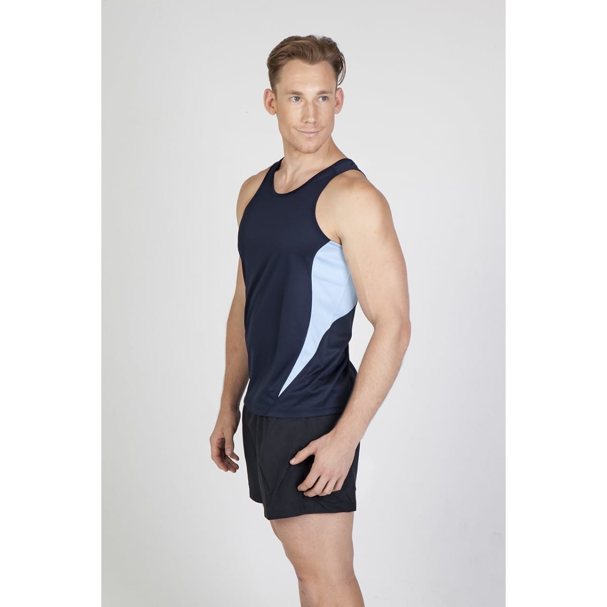 A men's sleeveless singlet in navy blue with light blue side panels. The model poses against a plain background.
