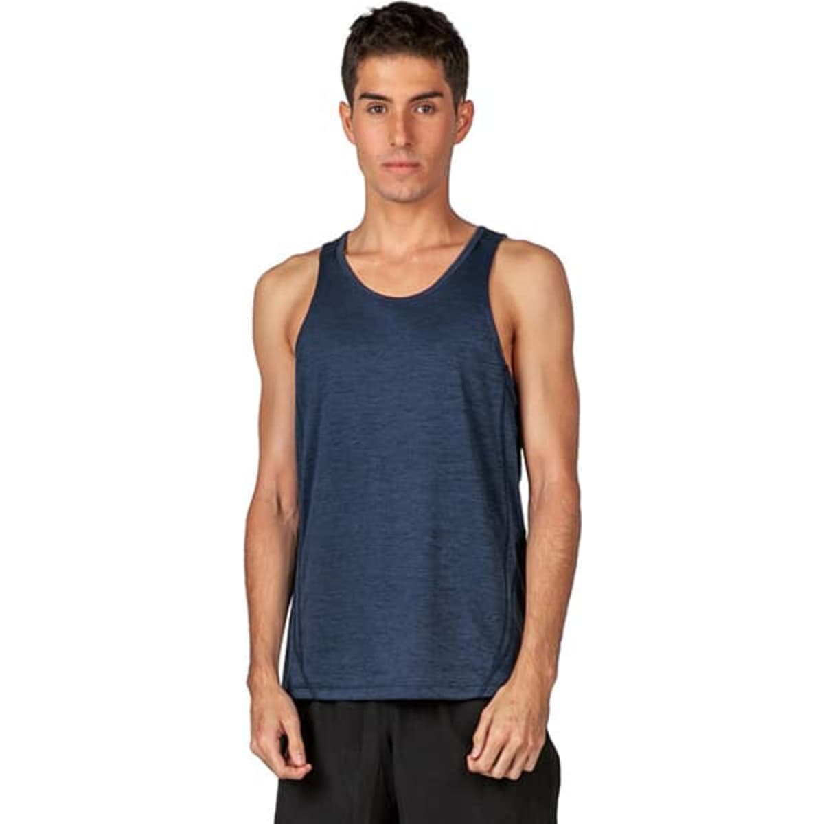 A navy blue men's singlet made of 100% polyester, featuring a standard tank design and a logo on the garment.