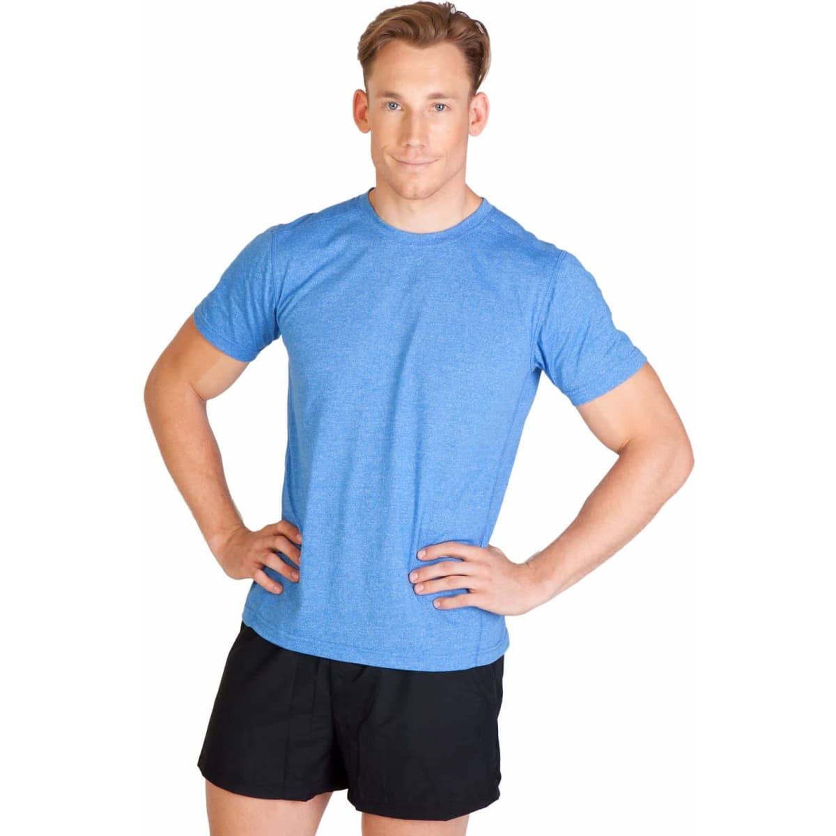 A blue heather T-shirt displayed on a model, paired with black shorts, showcasing a relaxed fit and simple design.