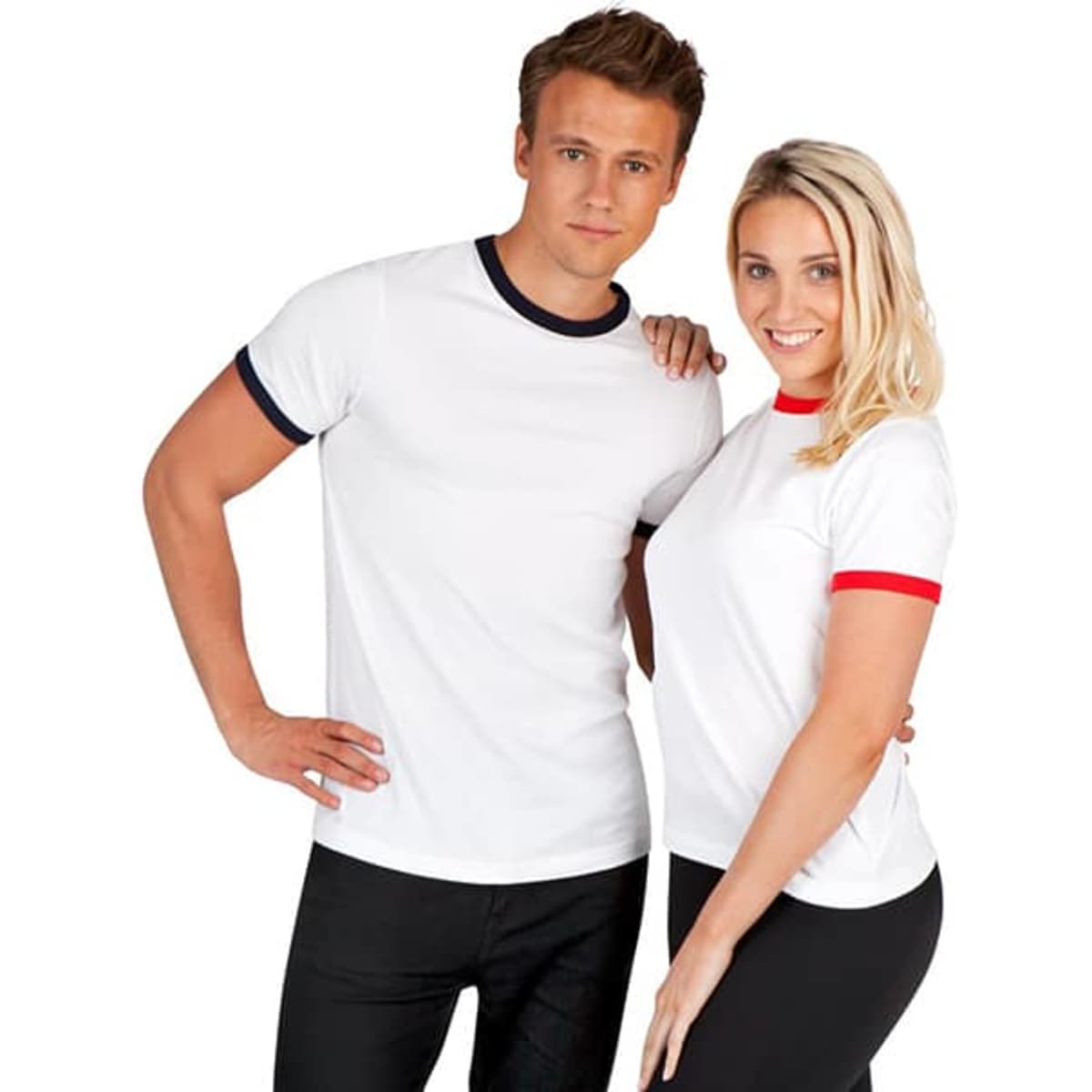 A white ringer T-shirt featuring navy and red accents, modelled by a man and a woman. The shirt has a logo.