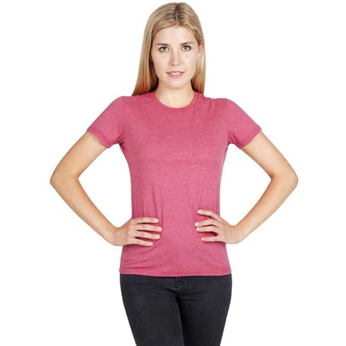 A pink marl women's t-shirt with a fitted design, featuring short sleeves and a logo.