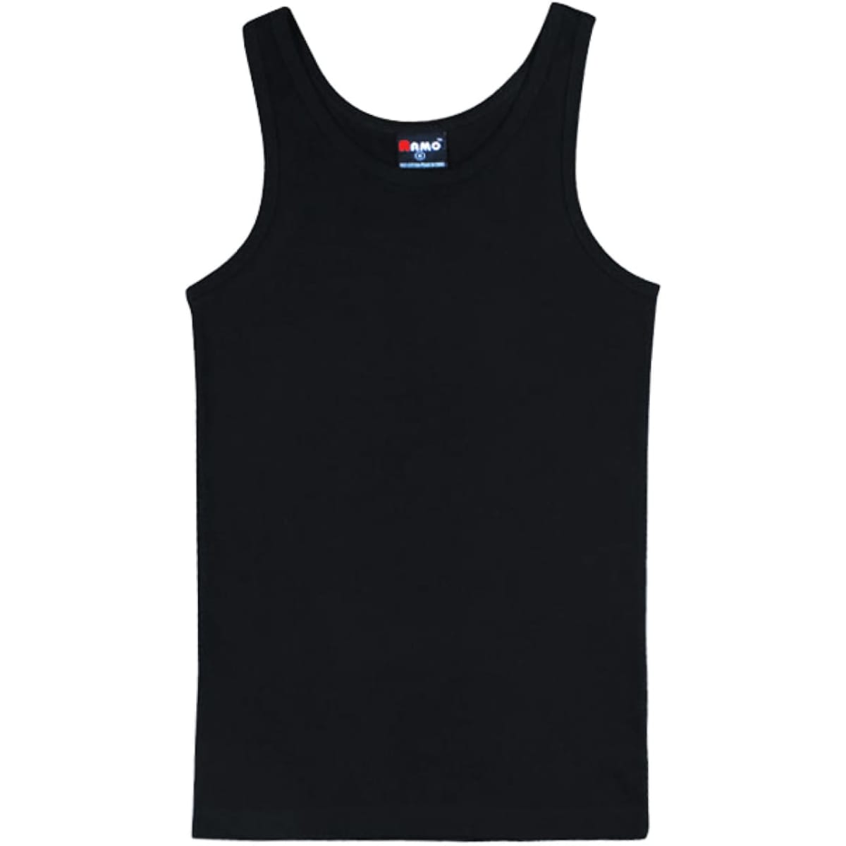 A black cotton rib singlet with a sleeveless design. Features a simple, plain style and includes a logo.
