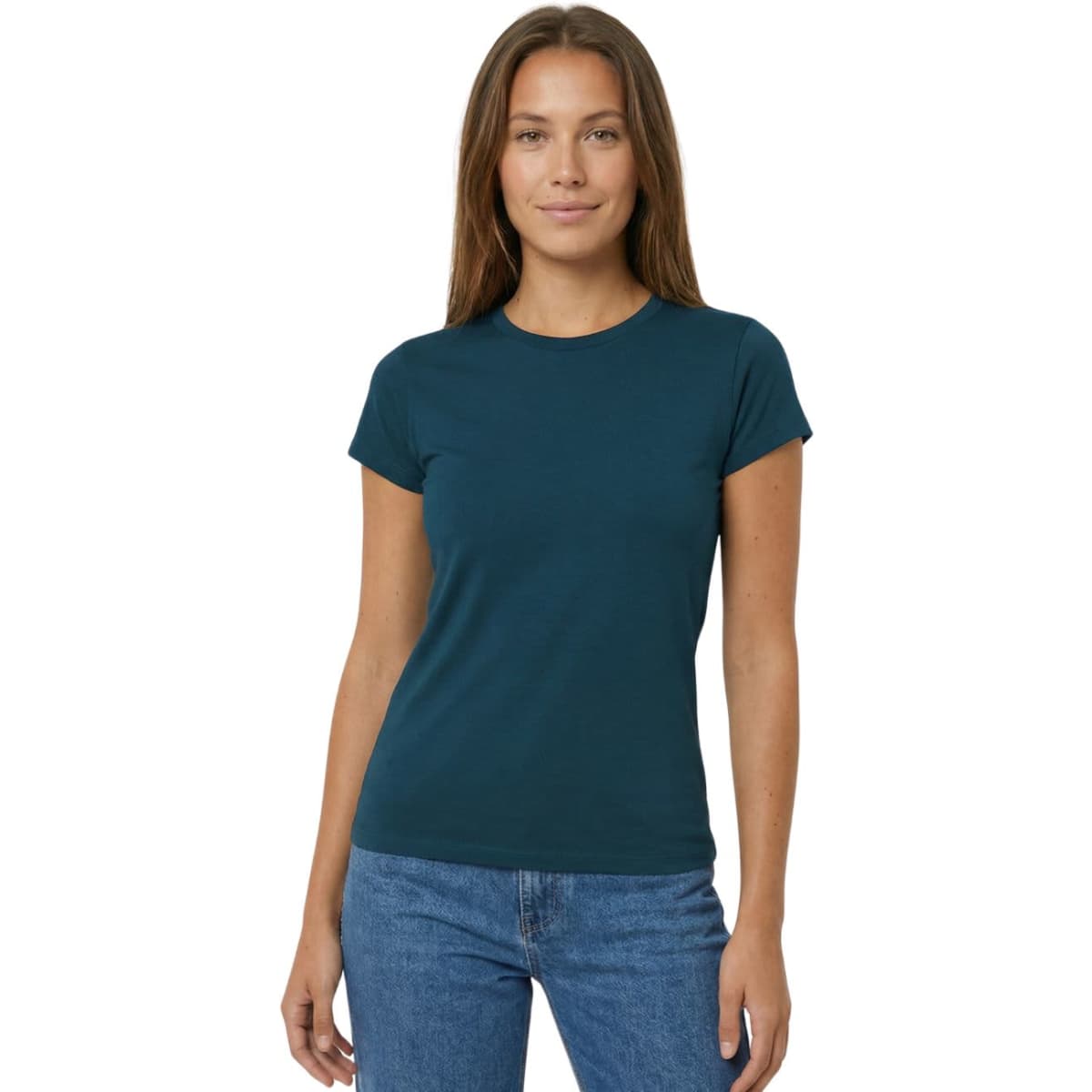 A fitted women's T-shirt in a soft teal colour displayed on a model, paired with grey sweatpants. The shirt features a logo.