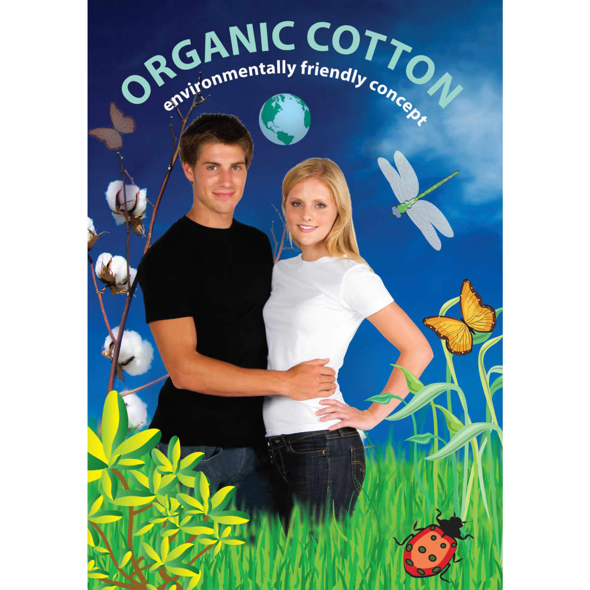 Two models wearing organic cotton T-shirts, one in black and one in white, set against a vibrant nature-themed background.