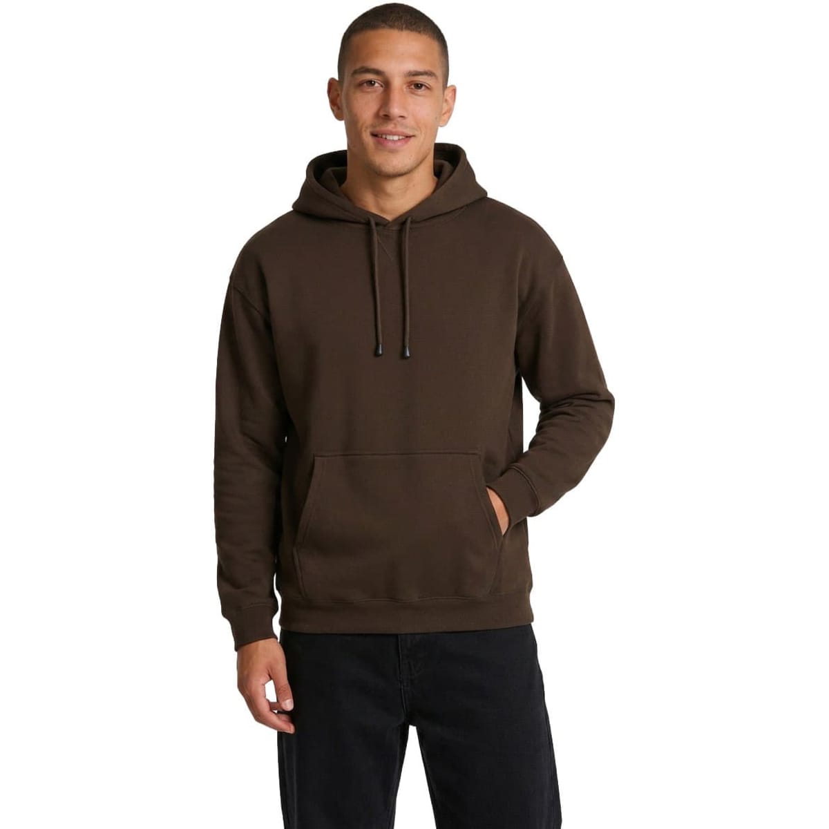 A light grey men's hoodie with a kangaroo pocket, worn by a young man standing casually.