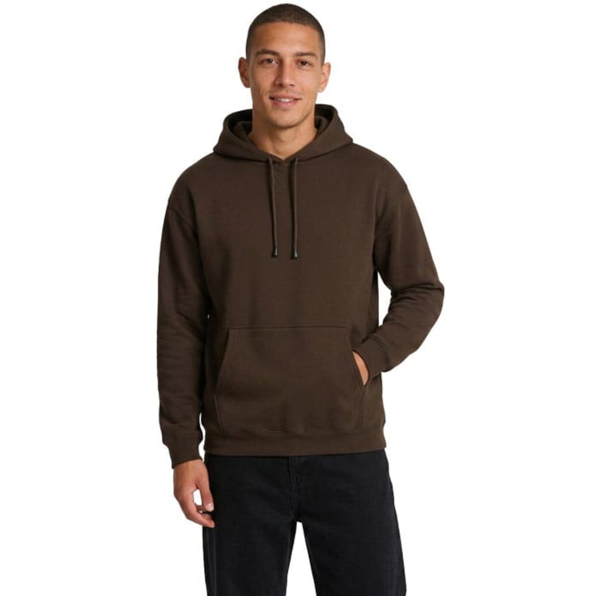 A grey men's hoodie with a kangaroo pocket, featuring a drawstring hood and a plain design.