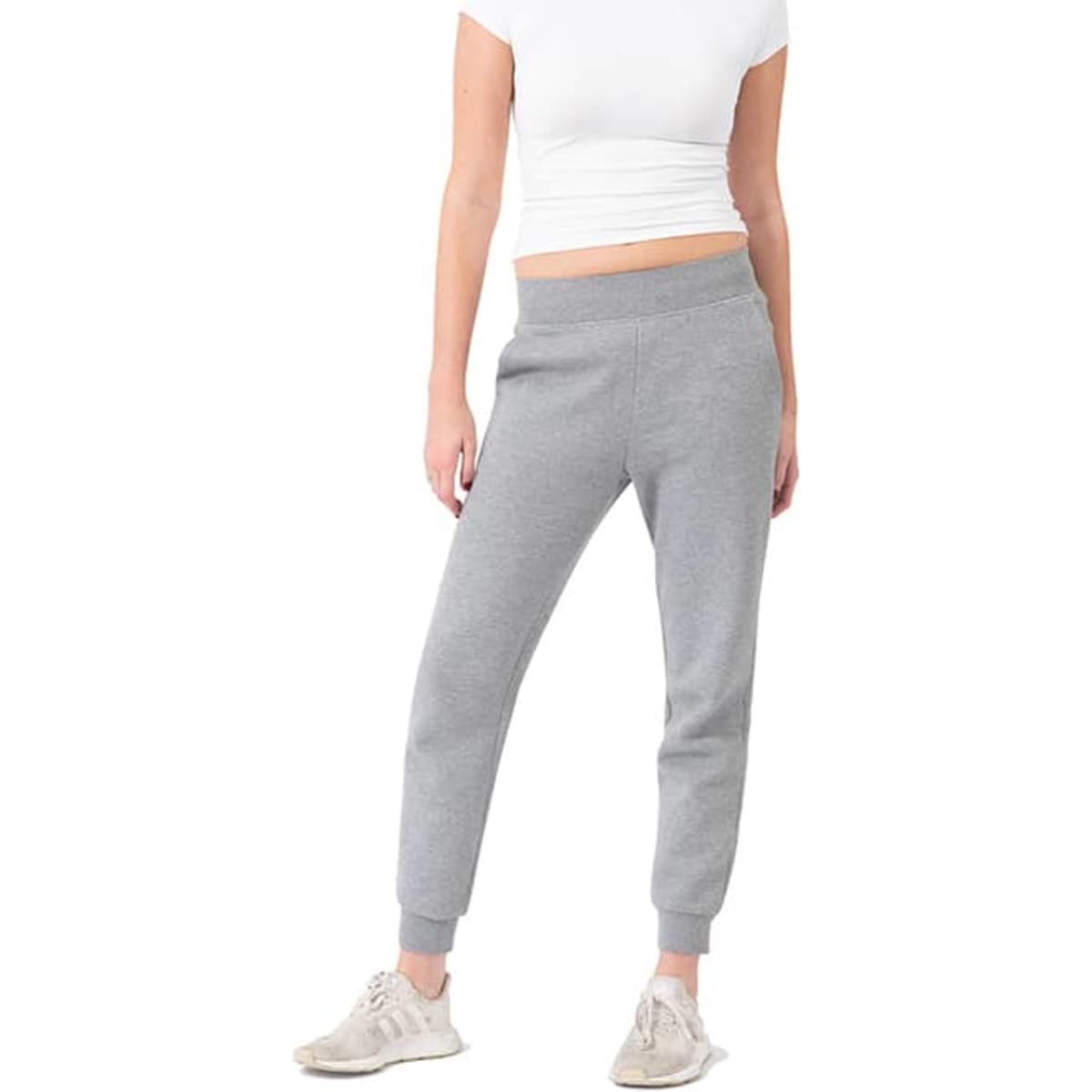 Grey women's track pants made of three-layer cotton, featuring a fitted style and elastic cuffs.