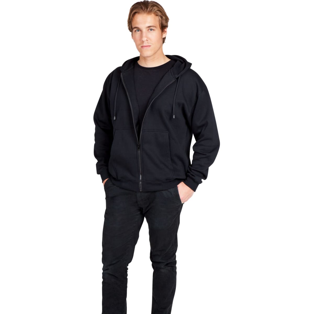 A purple zip hoodie worn by a male model and a blue zip hoodie worn by a female model, both with pockets.
