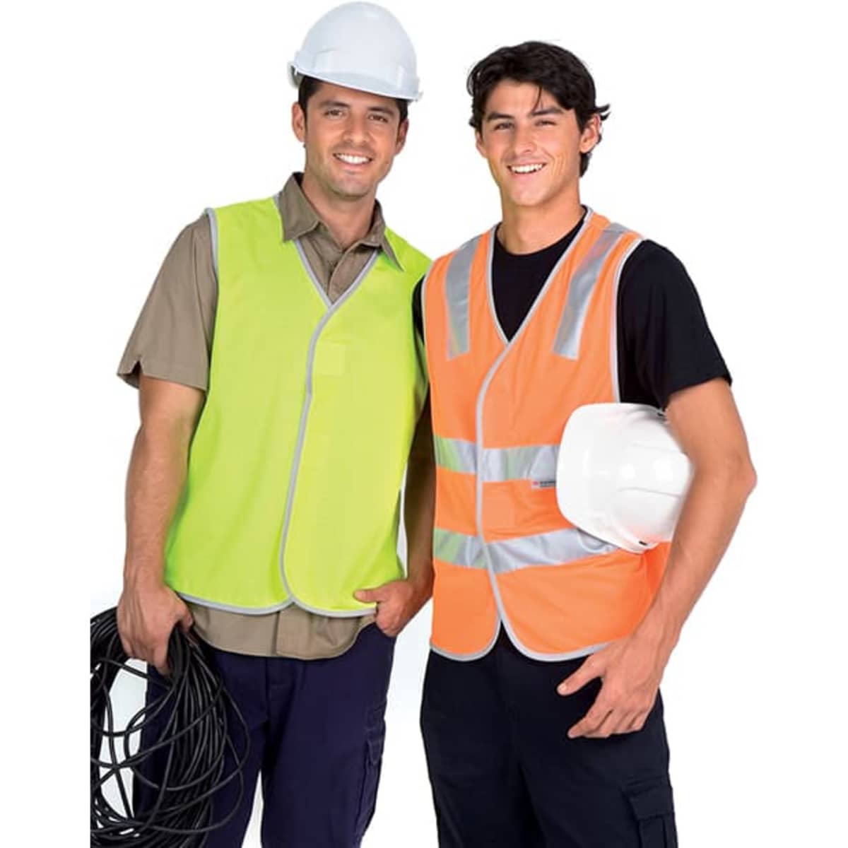 Two men wearing high-visibility vests, one in bright yellow and the other in orange, both with reflective tape and hard hats.