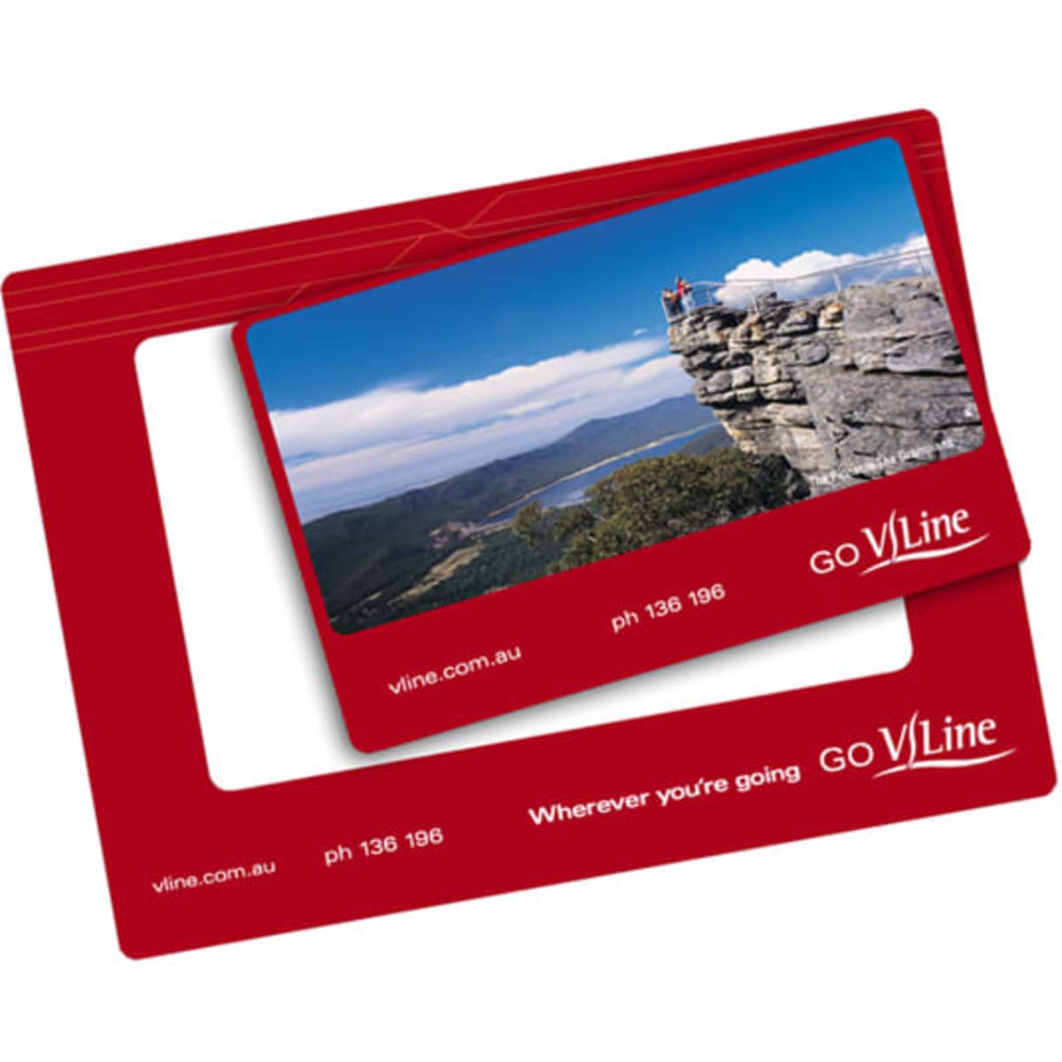 A red magnetic photo frame featuring a scenic landscape image and a logo. It has a slot for a photo.