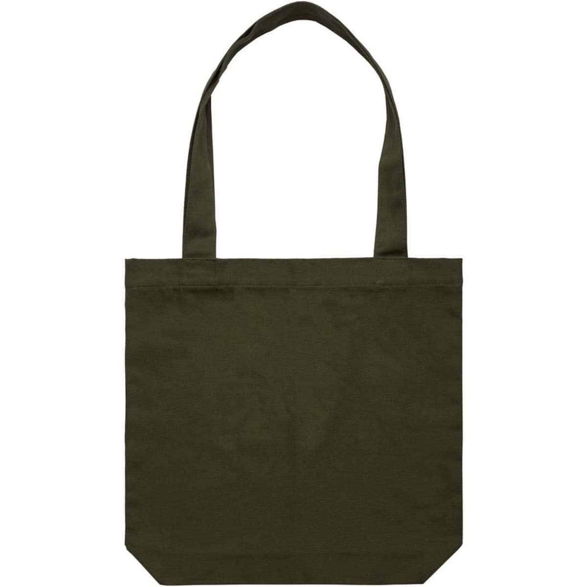 An olive green tote bag with two handles and a simple design, featuring a branding logo.
