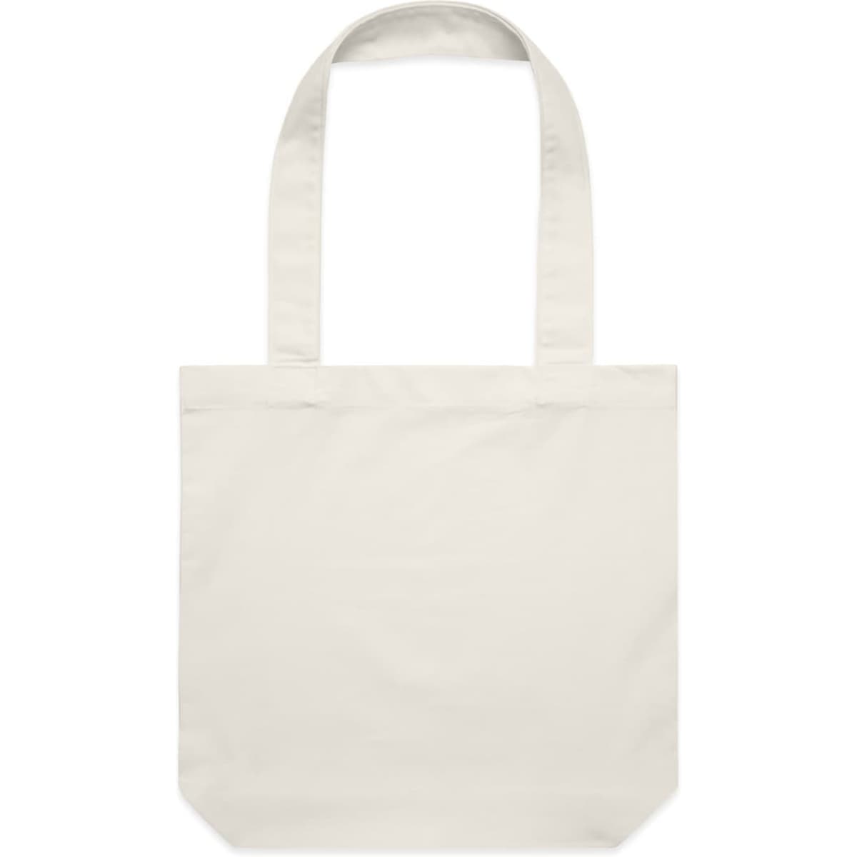 A cream-coloured tote bag with long handles and a minimalist design. It features a logo.