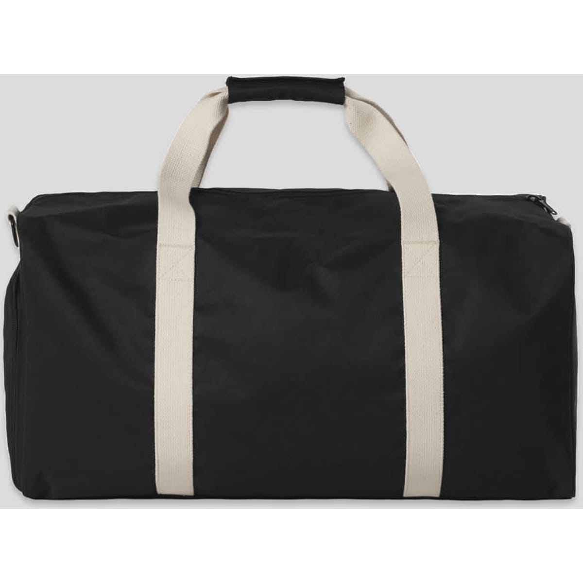 A black duffle bag with cream-coloured handles and a logo on the front.