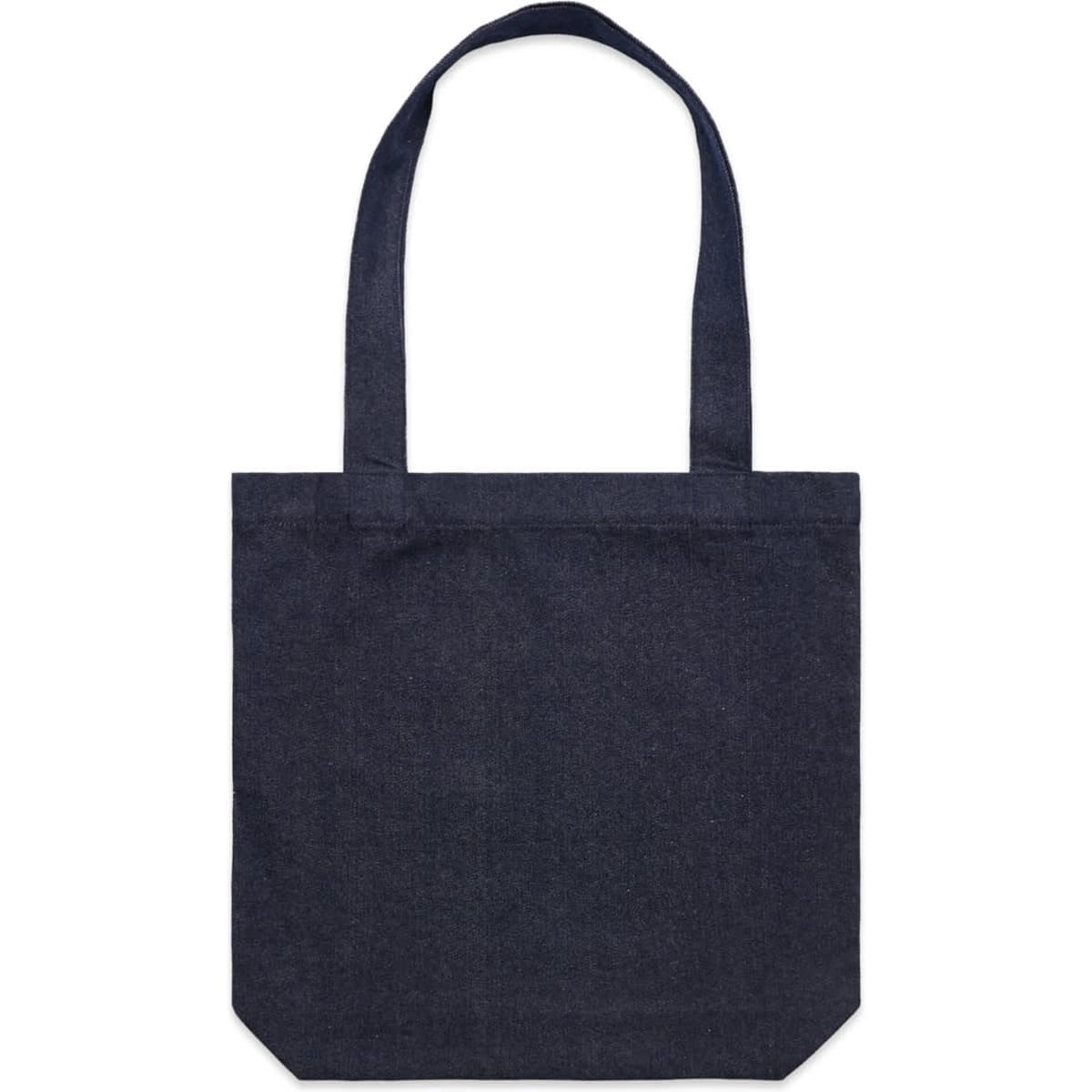 A dark denim tote bag with long handles and a simple design, featuring a logo.