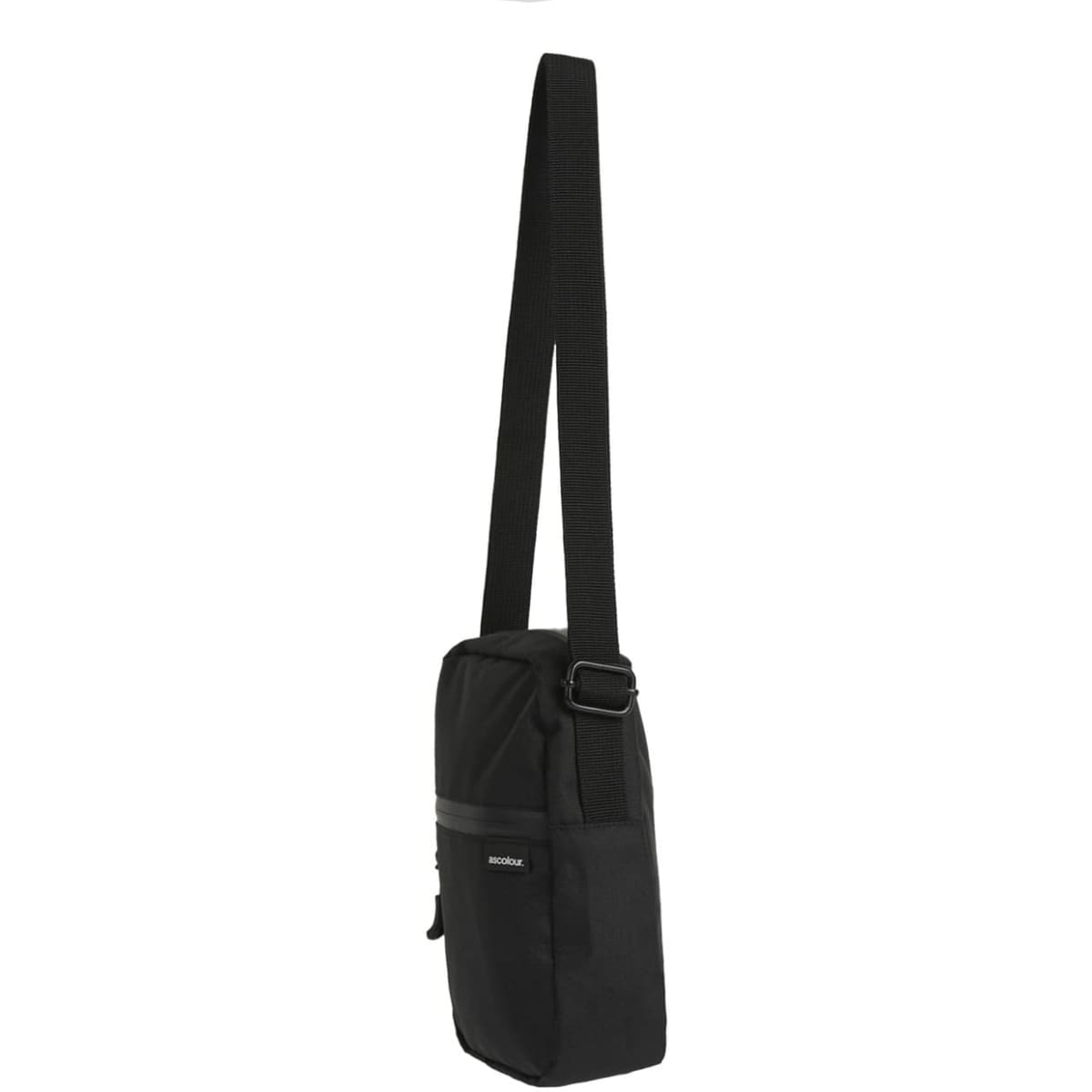 A black recycled transit bag with a long adjustable strap and a front zip pocket, featuring a logo.