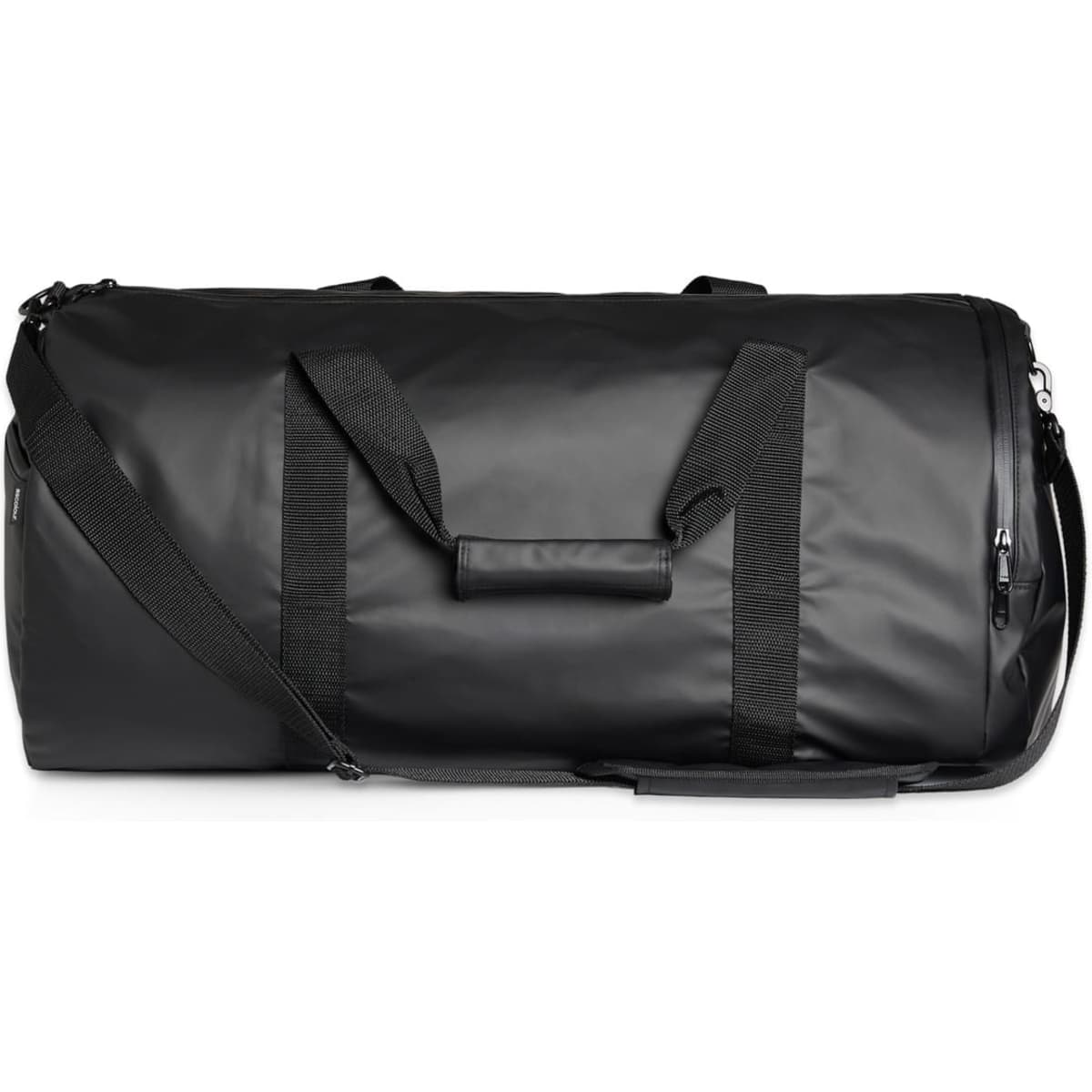 A black duffel bag with dual handles and a removable shoulder strap, featuring a logo.