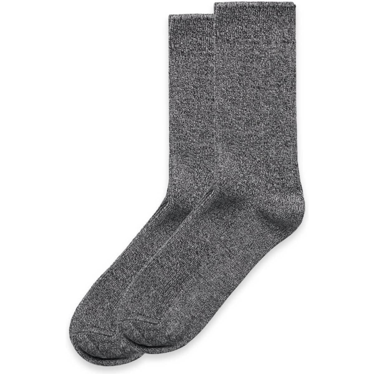 A pair of grey marle socks displayed side by side, featuring a knitted texture and an unbranded design.