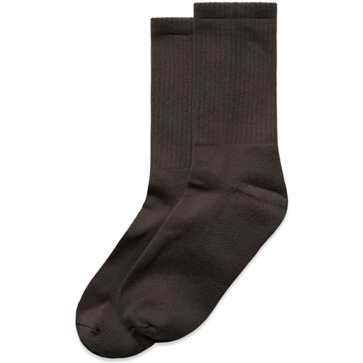 A pair of brown socks displayed together, featuring a ribbed design and smooth finish.