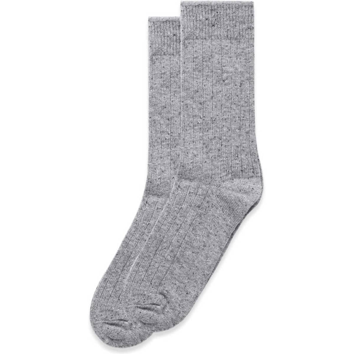 A pair of grey speckle socks, featuring a ribbed design, neatly displayed together.