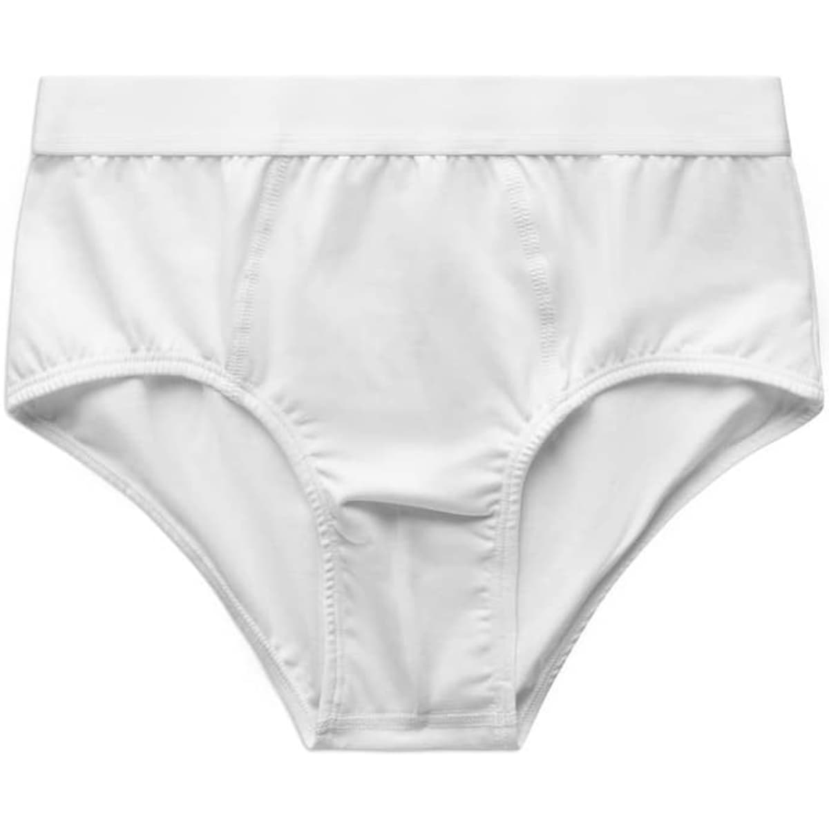A pair of white Y-Front Briefs, featuring a smooth front and a logo on the waistband.