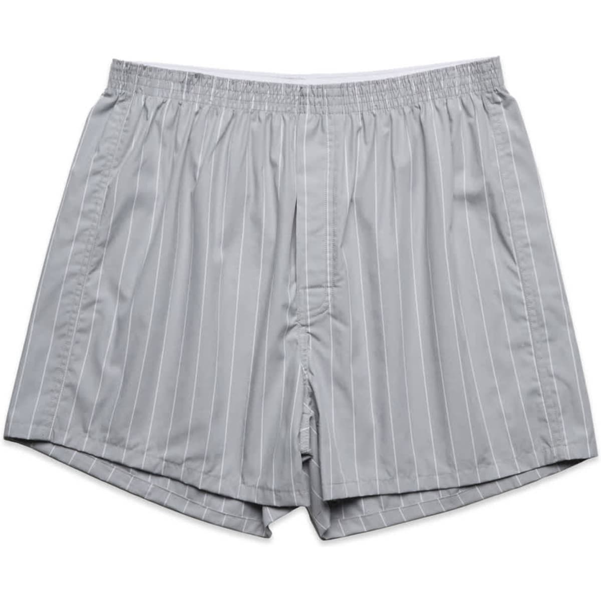 Boxer shorts in a light grey colour with fine vertical stripes and an elastic waistband. Features a branding logo.