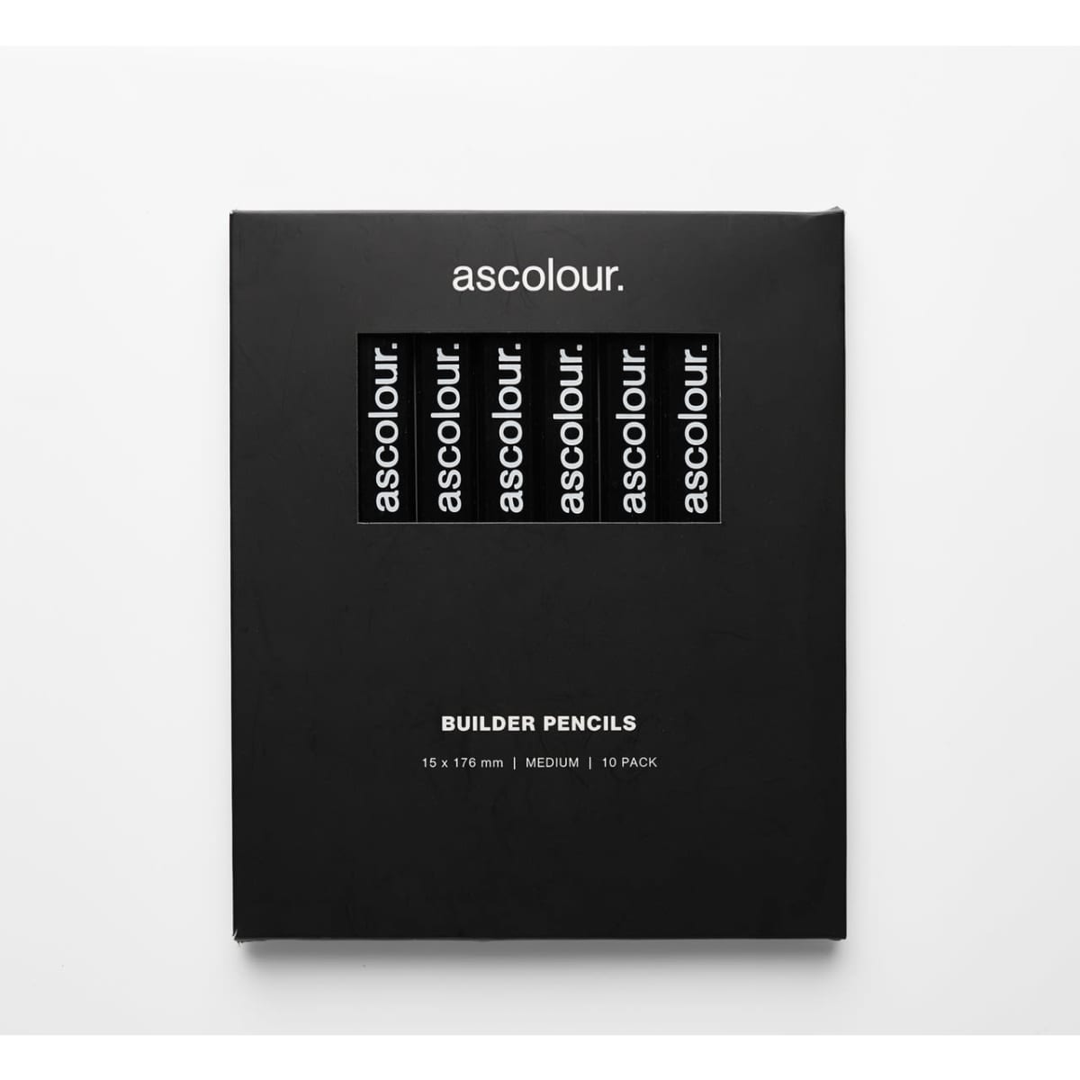 A pack of ten grey lead builder pencils in a black box with a brand logo.