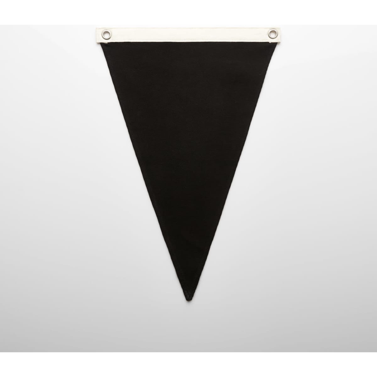 A black canvas pennant flag with a white header and eyelets for easy hanging.
