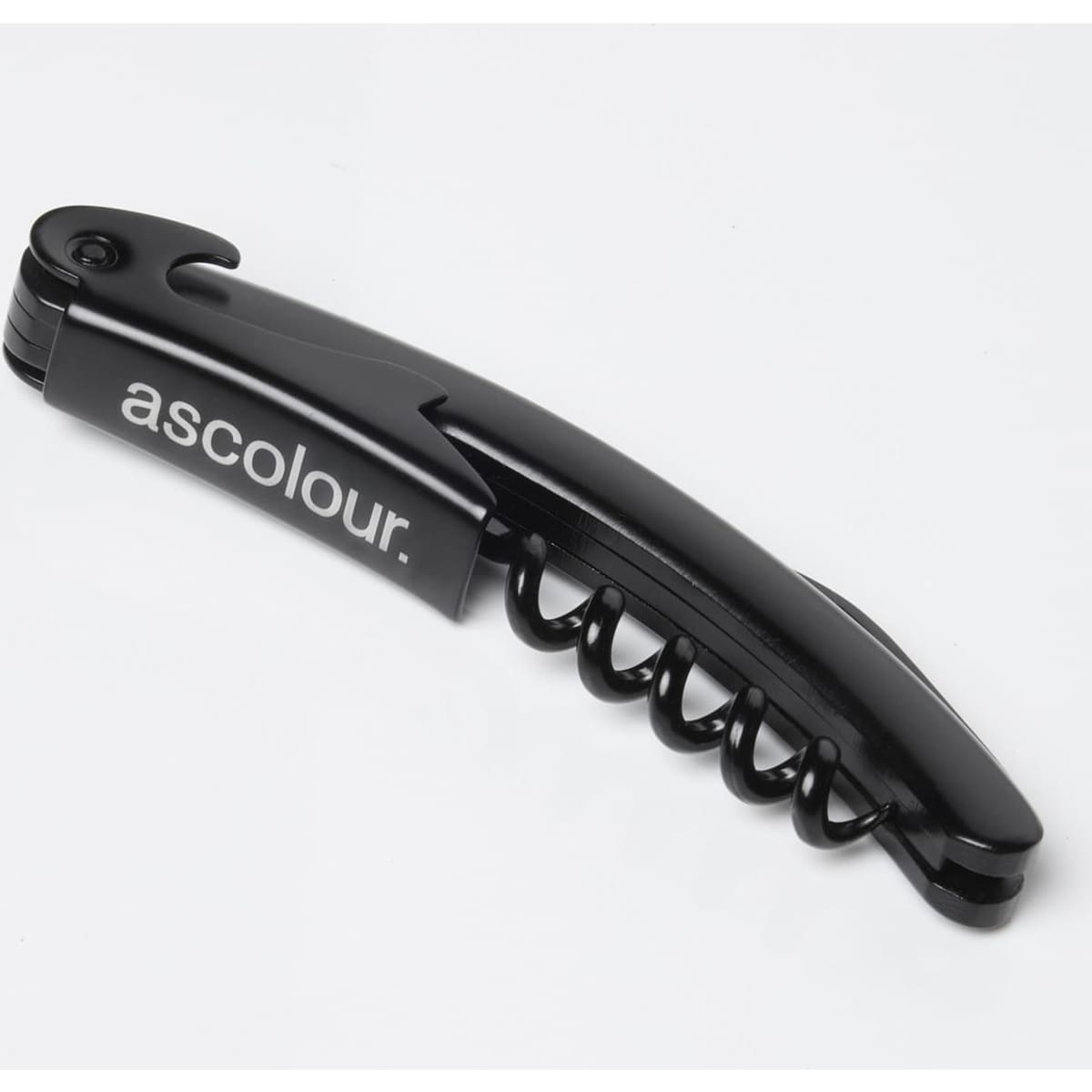 A drink bottle corkscrew in black with a sleek design, featuring a branding logo.