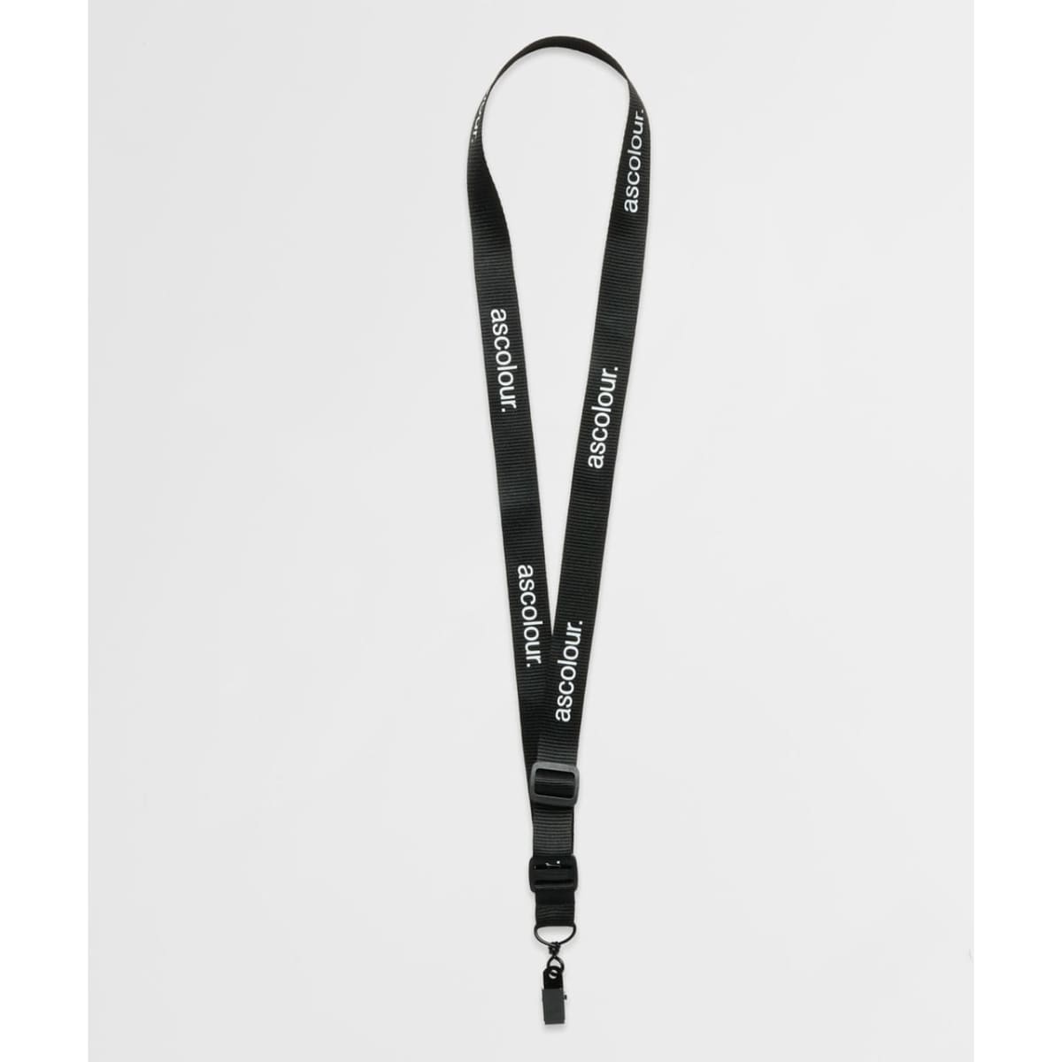 A black lanyard featuring a logo, designed for use at exhibitions and events.