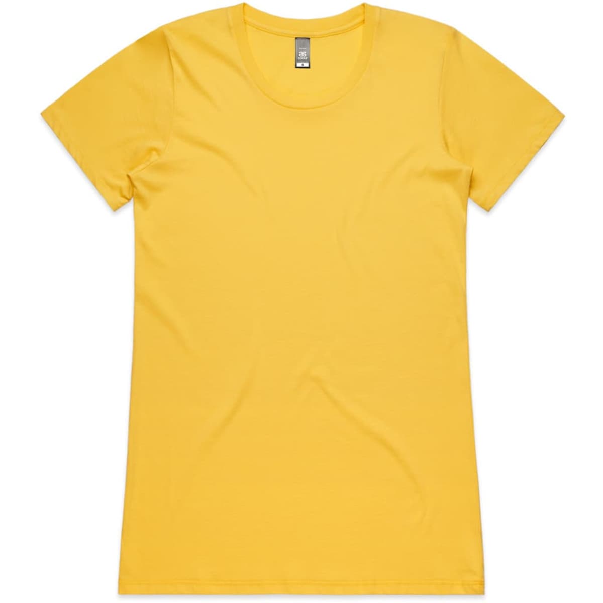 A yellow T-shirt with a round neckline and short sleeves. The shirt features a logo on the label.