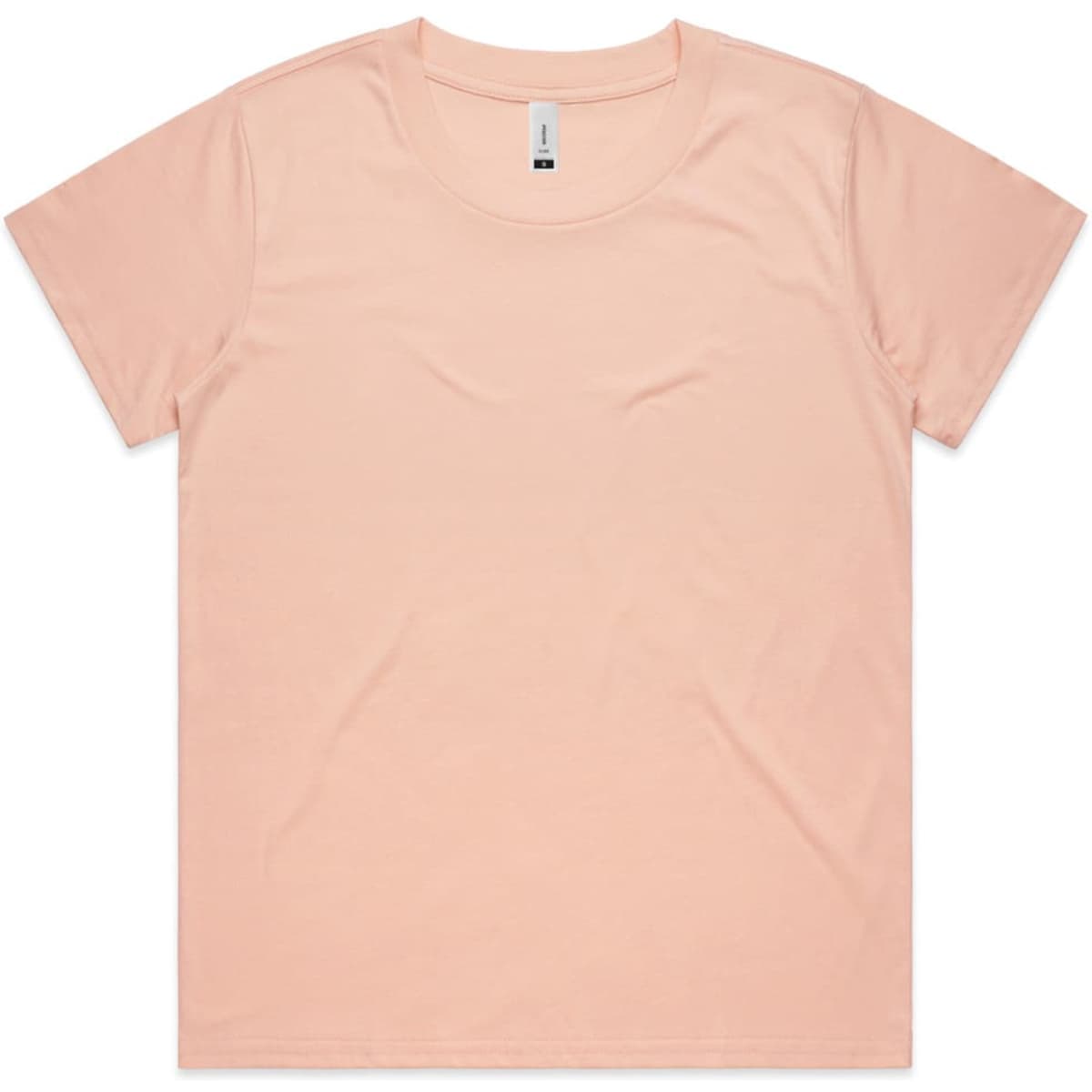A light pink t-shirt with a classic crew neck and short sleeves, featuring a logo on the tag.