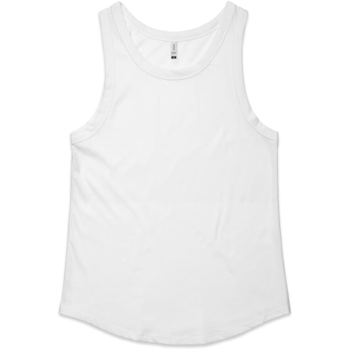 A white singlet featuring a curved hem and a logo on the inside label. Suitable for casual wear.