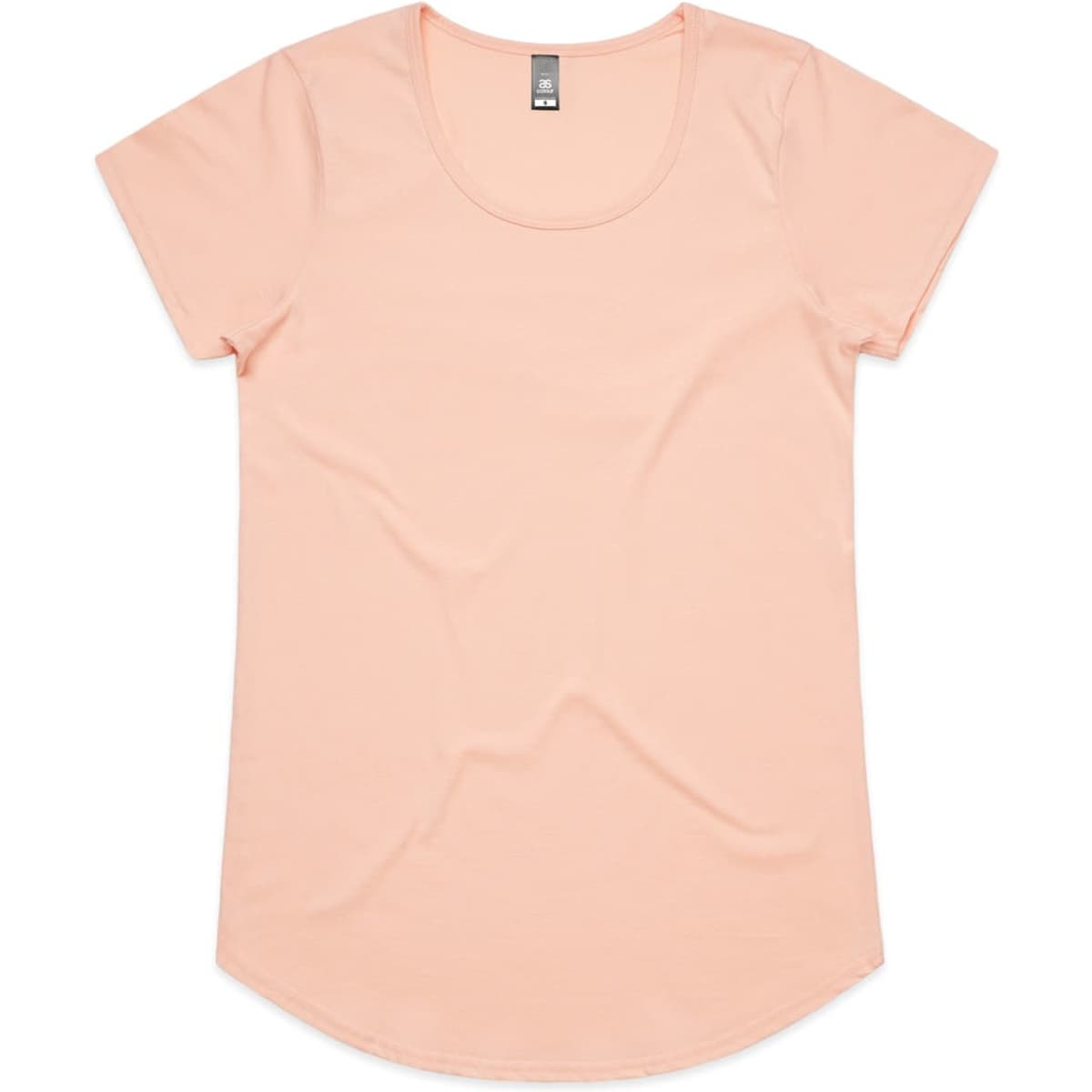 A light peach T-shirt with a scoop neck and short sleeves, featuring a branded label.