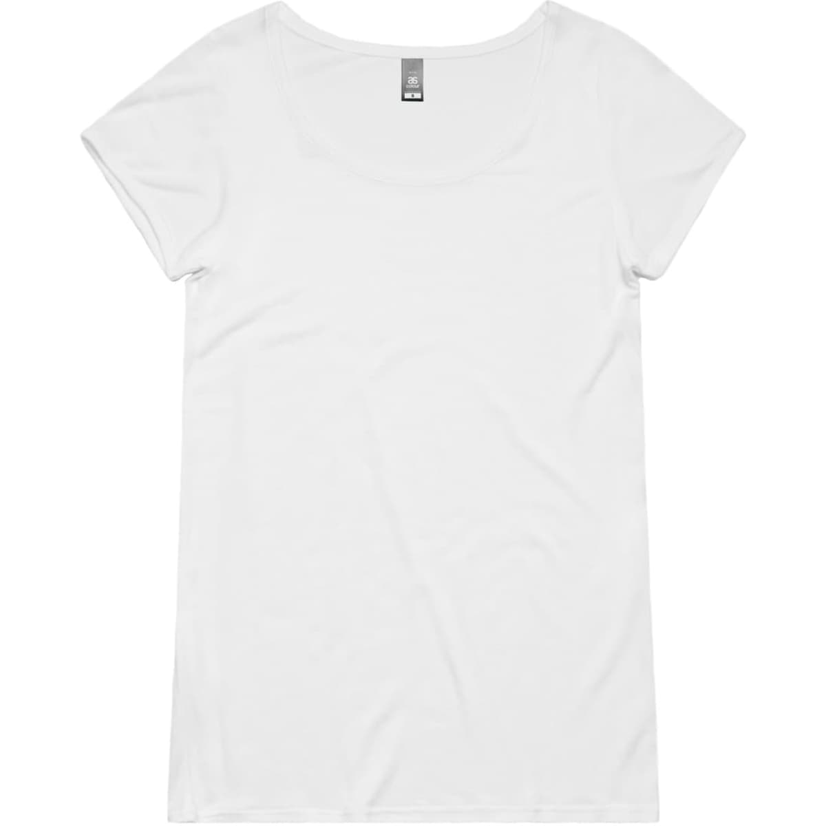 A plain white T-shirt with a scoop neck and short sleeves, featuring a tag on the neckline.