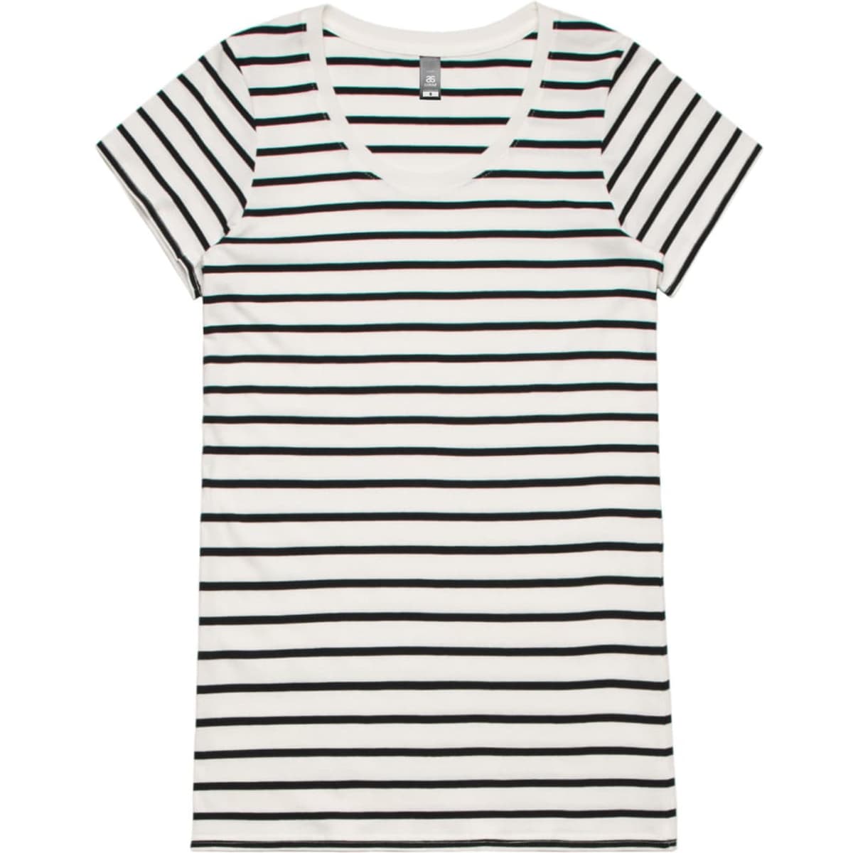 A striped T-shirt featuring horizontal black and white stripes, with a V-neck design and short sleeves.
